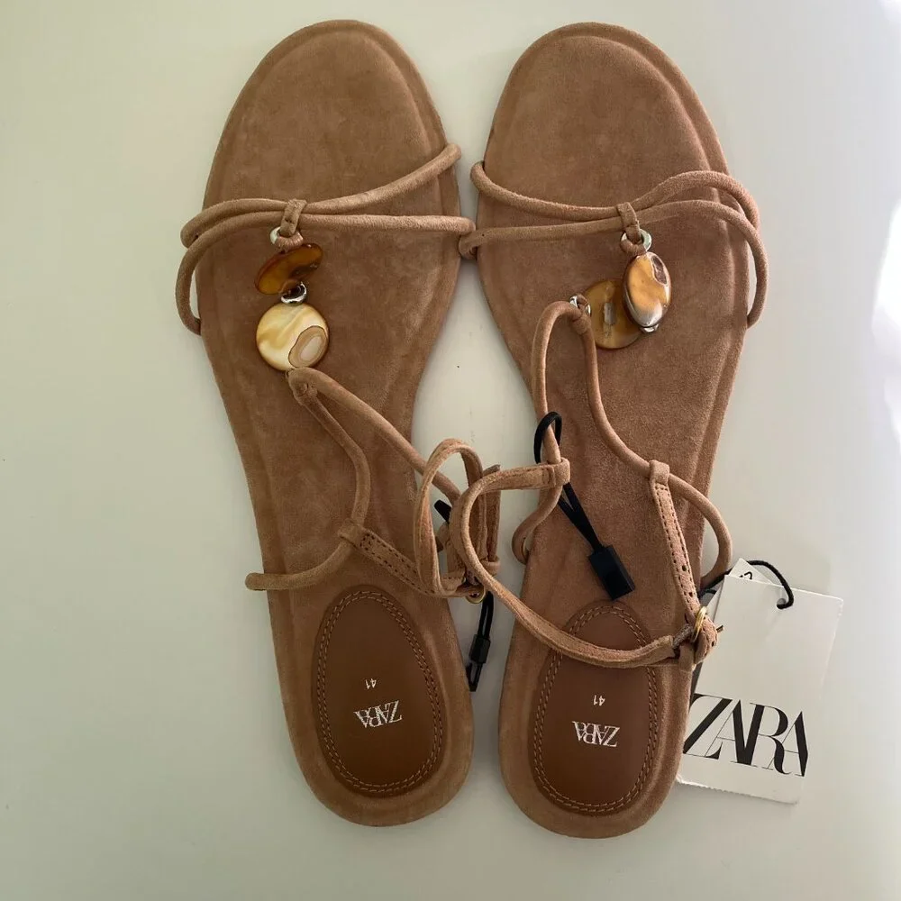 Zara Leather Sandals Embellished Front Beads Round toe Ankle buckle strap Sz 10 - Picture 8 of 12